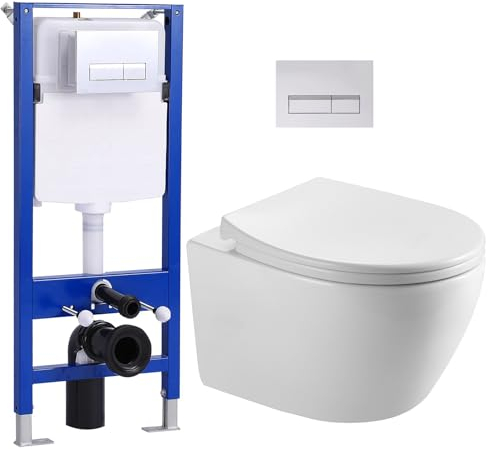Hänge WC Toilette und Vorwandelement WC Set Komplett, Toiletten mit Unterputz Spülkasten, Glänzende Chromfarbe WC Betätigungsplatte, Wand WC mit Soft-Close Absenkautomatik, WC mit Nano Beschichtung