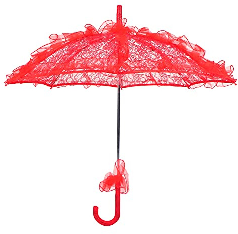 RTYUSWL Spitzen-Sonnenschirm-Regenschirm, Vintage-Hochzeit, Braut-Spitzenschirm, Fotografie-Requisite, Bastelschirm für Kinder, Frauen, Hochzeit, Party, Foto-Requisiten, Damen-Kostüm-Zubehör(Rot)