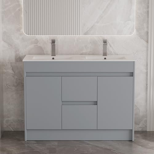Robanmoa 120cm Freestanding Vanity Unit with Basin Large Bathroom Storage Cabinets Waterproof Ceramic Sink Double Basin Bowls Floor Standing Bathroom Cabinet Vanity Units Cupboard Furniture