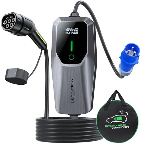 VDLPOWEREU EV Charger 7kw, 6A/8A/10A/13A/16A/20A/24A/32A Variable, Home EV Charger Cable,5M Single Phase EV Charger Type 2, with CEE 3 Pin Charger with LED Display& Carry Bag, IP65 Waterproof