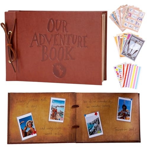 Unser Abenteuer Buch Scrapbook Fotoalbum, 30 x 19cm 80 Seiten, 3D geprägte Wörter Leder Hard Cover Reise Adventure Book für Jubiläum, Hochzeit, Weihnachten, Muttertagsgeschenk, Ostern etc