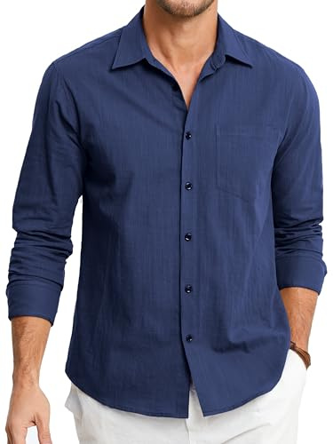 HISDERN Camicie in Lino Uomo Blu Navy Manica Lunga Causal Bottoni vestibilità Regolare Estiva Leggere Camicia Spiaggi Shirts 3XL