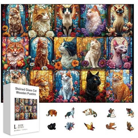 GLOBLELAND 300 Pièces Puzzle en Bois Atlas 15 Chats pour Adulte Puzzles Colorés en Bois Chats et Fleurs Anniversaire pour Fêtes