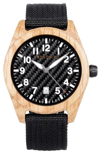 BOBO BIRD Wooden Casual & Business Watch with Nylon Strap, Carbon Fiber Dial Japanese Quartz Movement Wood Watch Lightweight Date Display Wristwatch Multiple Colors (Beige)