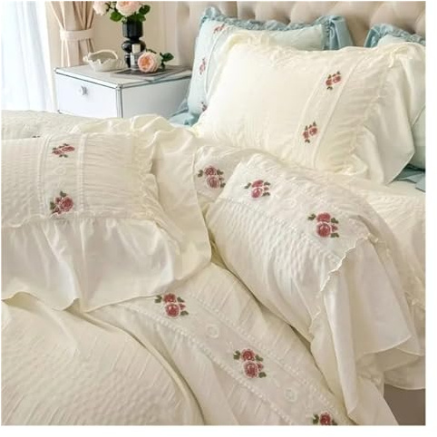 Princess Soft Seersucker Bedding Set Girls Elegant Lace Duvet Cover with Sheet Soft Washed Cotton French Romantic Home Textiles, Luxury Bed in a Bag
