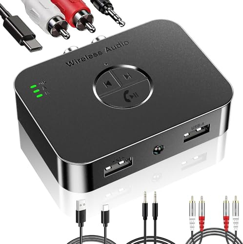 Ricevitore Bluetooth Aux 6.0, Ricevitore Audio Bluetooth RCA 2 in 1 Audio HD e Bassa Latenza per MP3 Altoparlanti HiFi TV PC Stereo Casa con 1 Cavo Ricarica Type-C 1 3,5 mm 1 Cavo RCA