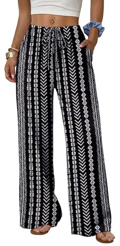 Aokosor Wide Leg Trousers for Women Flowy Palazzo Drawstring Elastic Waist Trousers with Pockets Summer Beach Vacation Women's Clothing