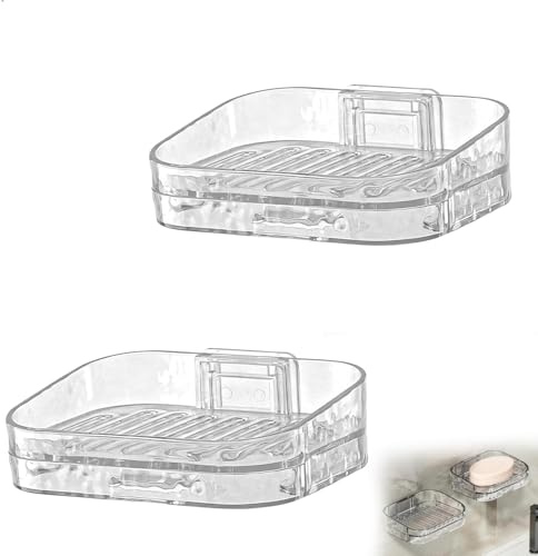Jabonera Baño, Portajabones de Pared, Portajabones para El Cuarto De Baño con Desagüe,Portajabones con Bandeja De Goteo, Soporte para Estropajos de Cocina, Transparente, 2 Piezas