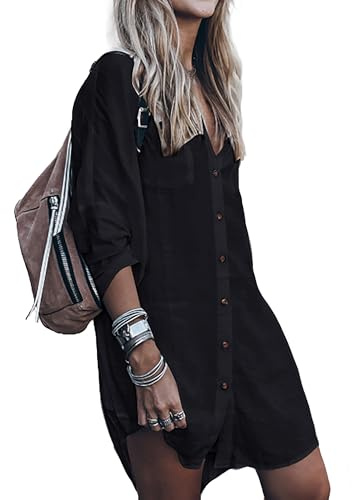 Bsubseach Robe de Plage Chemise Tunique À Manches Longues Pour Femme Chemisiers Chic Elegant Cache-maillots Et Sarongs Poncho Cardigan Kimono Boheme Caftan Blouse Pareo Femme Plage Noir