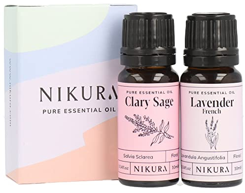 Nikura | Clary Sage & Lavender (French) Essential Oil Set | Sleep Oil, Labour Essentials | for Diffusers for Home | Hair, Massage, Candle Making, Soap | (2 x 10ml) | Vegan & UK Made