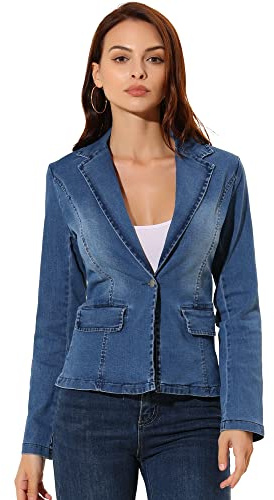 Allegra K Damen Blazer mit gekerbtem Revers, EIN-Knopf-Langarm, gewaschener Business-Denim-Blazer, Mittleres Blau, M