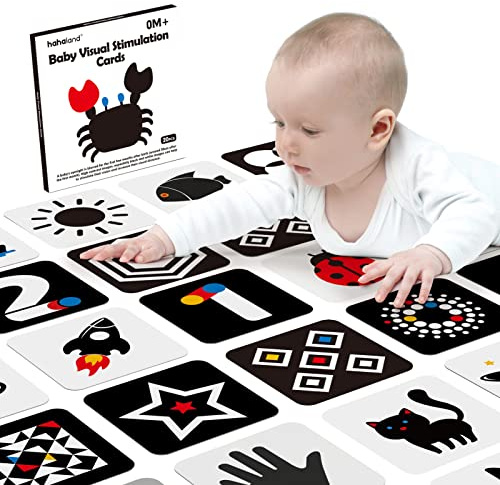 hahaland Flashcards Bebe Juguetes Bebes 0 3 6 Meses, 20 Piezas 40 Imágenes Tarjetas de Alto Contraste en Blanco y Negro, Tarjetas de Estimulación Visual Regalo Educativo para Bebés 0-6 Meses
