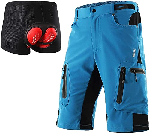 FASCINATDECO Pantaloncini MTB Uomo, Pantaloncini Ciclismo Biciclette con 3D Cuscino, Bici MTB Pantaloni Loose Traspirante Shorts per Ciclismo da Corsa All'aperto (Blu con Cuscino,XXL)