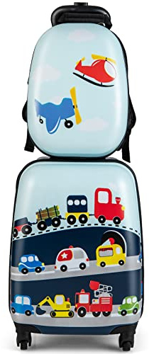 COSTWAY Maleta Infantil Niños, Equipaje de Viaje con Mochila, Equipaje Infantil con Ruedas Universales y Mango Ajustable, Juego de Mochila y Maleta Cabina Trolley (Avión y Coche)