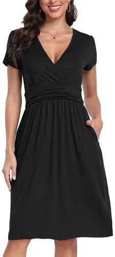 PCEAIIH Women's Summer V-Neck Midi Dress Short Sleeve Casual Floral Sundress with Pockets XXL Black