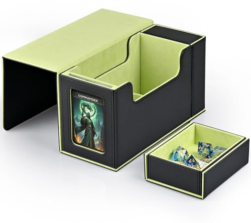 ZLCA Kartenspielbox mit Sichtfenster, MTG Commander Deck Box für 200 doppelseitige Karten mit Würfeltablett & 35pt Magnetkartenhalter-Black Green