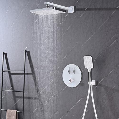 XJTNLB Unterputz Duscharmatur Set Weiß Armatur Dusche Thermostat Rechteckige Regendusche und Duschkopf mit Schlauch