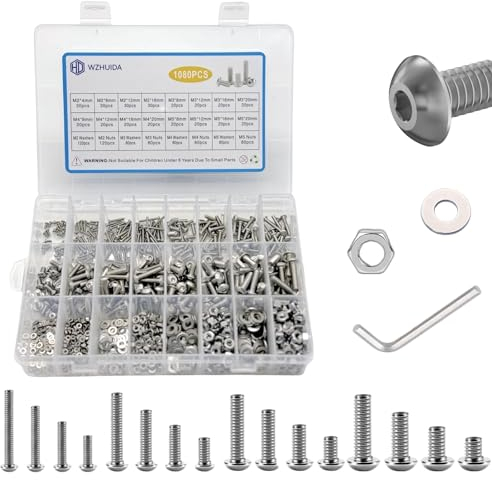WZHUIDA 1080 Stück M2 M3 M4 M5 Innensechskant Schrauben und Muttern und Unterlegscheiben Sortiment, Edelstahl Linsenkopfschrauben mit Muttern Sortiment Kit mit 4 Schraubenschlüsseln