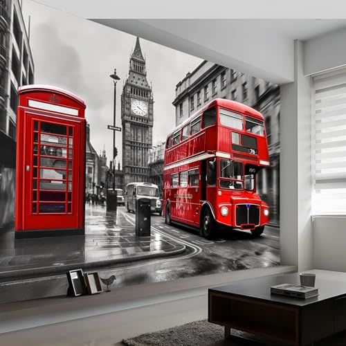 Mural de Pared 3D Paisaje Urbano Moderno Londres Papel Tapiz Fotográfico Impreso, Gris-Rojo Mural de Pared No Tejido Decoración de Póster Diseño 400 x 280 cm (WxH) Para Estar Dormitorio Infantil