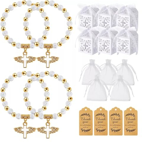 Sonhomay 80 st dopgåvor, set med 20 änglar, kors, radband, armband, 20 lådor, 20 organza-påsar, 20 taggar för baby shower, bröllop, festgåvor, doptillbehör, Bracket size: 6.5x6.3cm