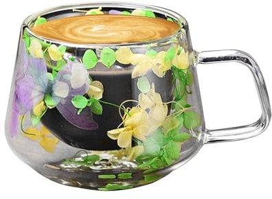 Rrlihjgu Taza de café de doble pared,Taza de café de vidrio con flores secas,200 ml Taza de vidrio de doble pared Vaso de vidrio de fusión floral para capuchino, té, café con leche, caliente