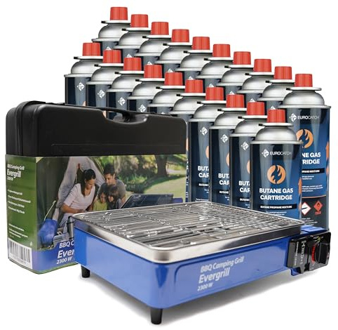 Eurocatch Evergrill Gas butane Camping Grill - incl. 20 gas Bottles - Gas barbecue - Camping kitchen - Table barbecue - Table barbecue