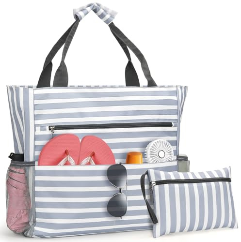 MELLIEX Bolsa Playa Grande XXL Familiar, 35L Impermeable Bolso Playa con Cremallera, 10 Compartimentos Bolsa de Mano Plegable Ligera