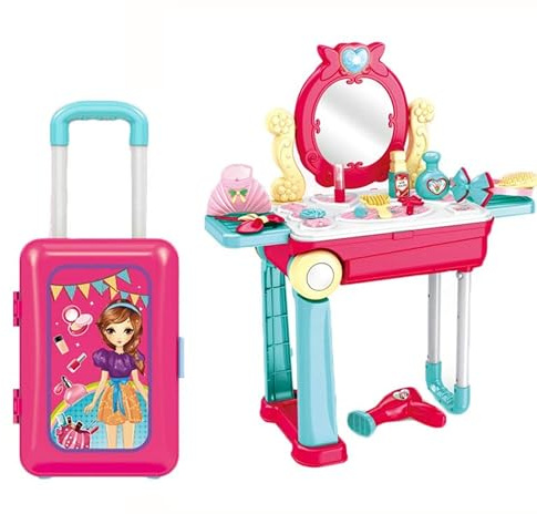 SGM678-208A Beauty Makeup Dresser Kit for Girls – Pretend Play Salon Set with Lights & Music, Carry Case Suitcase Trolley, Hair & Nail Accessories Toy for Kids Age 3+, Multicolor, 53x24.5x63cm