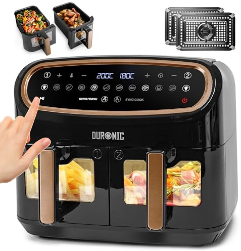 Duronic XXL Digital Air Fryer AF24 BG 10L Family Size Air Fryers Double Drawer 10in1 Dual Zone Extra Large AirFryer with Window for Cooking with Dishwasher Safe Non-Stick Baskets Black & Gold