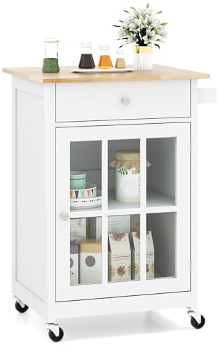 COSTWAY Köksvagn med hjul, köksö med låda, handdukshållare, glasdörr och justerbar hylla, köksskåp rullbart, serveringsvagn trä, köksövagn rullvagn, 65 x 48,5 x 87,5 cm, vit