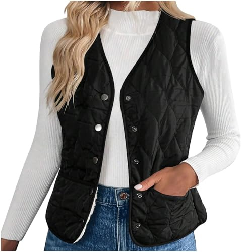NSICBMNO Black Gilet For Women Uk Quilted Body Warmer Sherpa Fleece Gilet Padded Waistcoat Down Vest Thermal Body Warmer Ladies Button Up Quilted Jacket Sleeveless Puffer Jackets Winter Jackets M