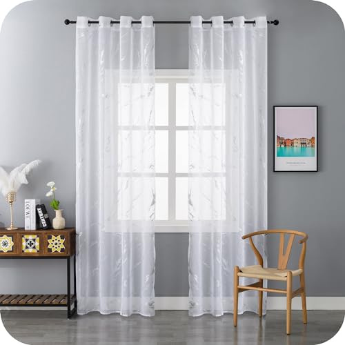 GIRASOLE HOME Coppia Tende Favignana Filtranti Fantasia Argentata Effetto Marmo 2 Pannelli da 140x200cm con Occhielli, Bianco