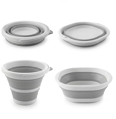 Medium Collapsible Washing Up Bowls for Sink & 5L Collapsible Buckets, Portable Silicone Foldable Washing Up Bowl with Plastic Foldable Buckets with Handles for Cleaning Fishing Camping Car Washing
