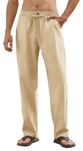 CMTOP Pantalones Lino Hombre Verano Pantalon Lino Hombre Casual Anchos Largos Pantalon Color Sólido Ligeros Pantalón Cintura Elástica Pantalones Piernas Rectas con Bolsillos, Cordón