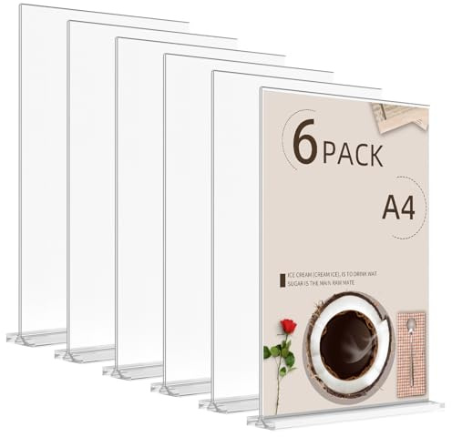 A4 Acrylic Sign Holder, 6 Pack Double-Sided Tabletop Display Stand, T-Shaped Clear & Lightweight Menu/Poster Holder for Price Lists, Offices, Shops, Restaurants and Reception Desks