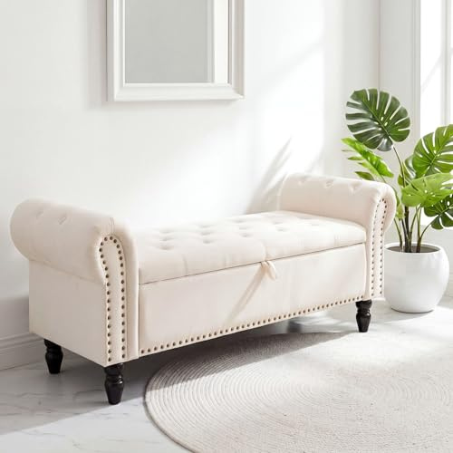 Clevich Cassapanca 133 cm, Ttessuto Velluto, Panca da Letto con Contenitore, Cassapanca con Braccioli per Soggiorno, Camera da Letto, Corridoio (Beige)