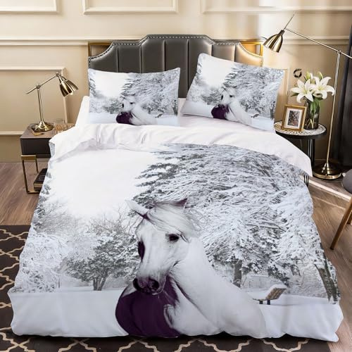 Funda Nordica Cama 80/90 Diseño de Caballo 3D Funda Nórdica Edredon 135x200 cm Animales con 2 x Funda de Almohada 3 Piezas Ropa de Cama de Microfibra Suave