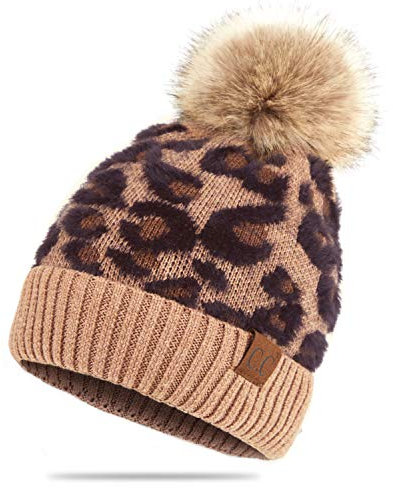 C.C Exclusives Soft Beanie hat with Leopard Pattern and Fur Pom, a Rubber Band Included (HAT-2061)(Latte)