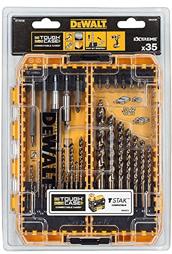 DEWALT Extreme 2 HSS-G Metallbohrer, Bit-Set DT70756(35-teilig,mit Zentrierspitze,hohe Bruchsicherheit,in kleinem ToughCase mit Torsion Bits,für den Einsatz in Stahl, Eisen,Messing, Holz),Gelb/Schwarz