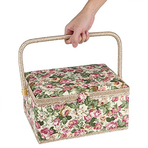 Scatola da cucito, cestino da cucito con stampa floreale con rose e manico ergonomico, per organizer domestico, 30,5 x 23,1 x 15,5 cm