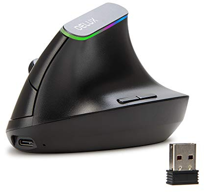 DeLUX Ergonomische Maus Kabellos, Wiederaufladbar Vertikale Maus, Stummes Klicken, Dual-Modus (2.4G+BT), 6 Tasten, 4000DPI, RGB-Licht, für Karpaltunnel, für Computer/Laptop/PC (M618DB-Schwarz)