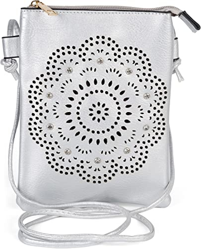 styleBREAKER Mini sac bandoulière femme motif fleurs découpées,Argent