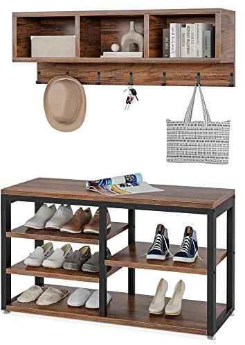 LITTLE TREE Coat Shoe Rack, Hall Tree Entryway Bench Set for Hallway, Living Room, Bedroom, Brown
