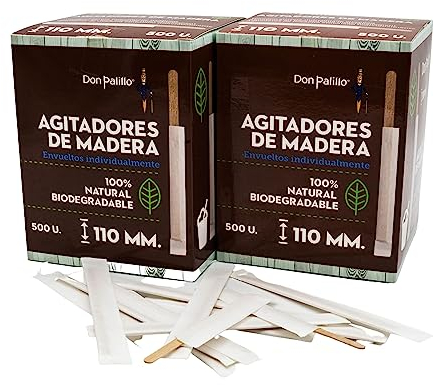 DON PALILLO- 1000 Agitadores de Madera Desechables de 11 cms. Envueltos Individualmente. (2)