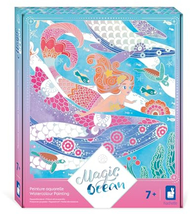 Janod - 4 målningar med silverinslag, akvarell - sjöjungfrutema - Magic Ocean - DIY-kit för barn - finmotorik och koncentration - Från 7 år gammal - J09107