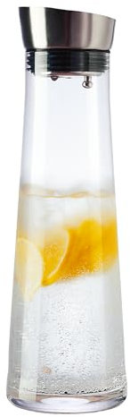 GLASKEY Jarra de Agua de Vidrio con Tapa,Jarra de Jugo de Vidrio de 1200ml con Tapa de Gravedad de Acero Inoxidable,Jarra de Agua Transparente para Té Helado, Limonada, Café,Bebida de Jugo