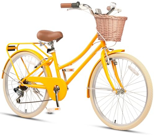 Glerc Missy Crucero bicicletta da donna 24 pollici a 6 velocità per bambini Bicicletta ibrida urbana per giovani a 6 velocità, adatta a ragazzi di 12, 13, 14, 15 anni, con cestini in salice, giallo
