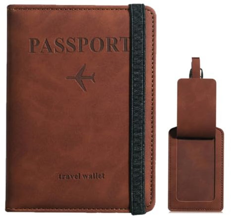 IKOPFLN 2 Pièces Porte-Passeport Housse,étui passeport + étiquette de valise,Passeport Portefeuille de Voyage pour Cartes de Crédit Cartes D'embarquement(brun)