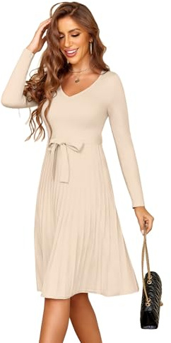 Zeagoo Vestito Maglioni Donna Invernale in Maglia a Manica Lunga Abito Elegante Scollo a V Abiti Linea A Vita Alta Vestiti Tinta Unita con Cintura Beige XL