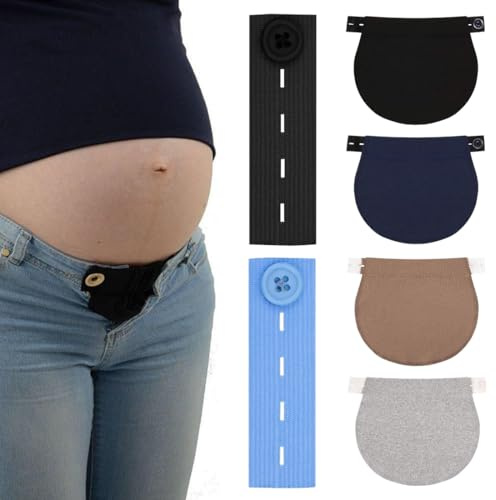 Set med 4 justerbara graviditetsbyxor, förlängare med elastisk midja, förlängare med 2 förlängare med knappar, elastiskt band för mammakläder jeans för kvinnor och män (4 färger)
